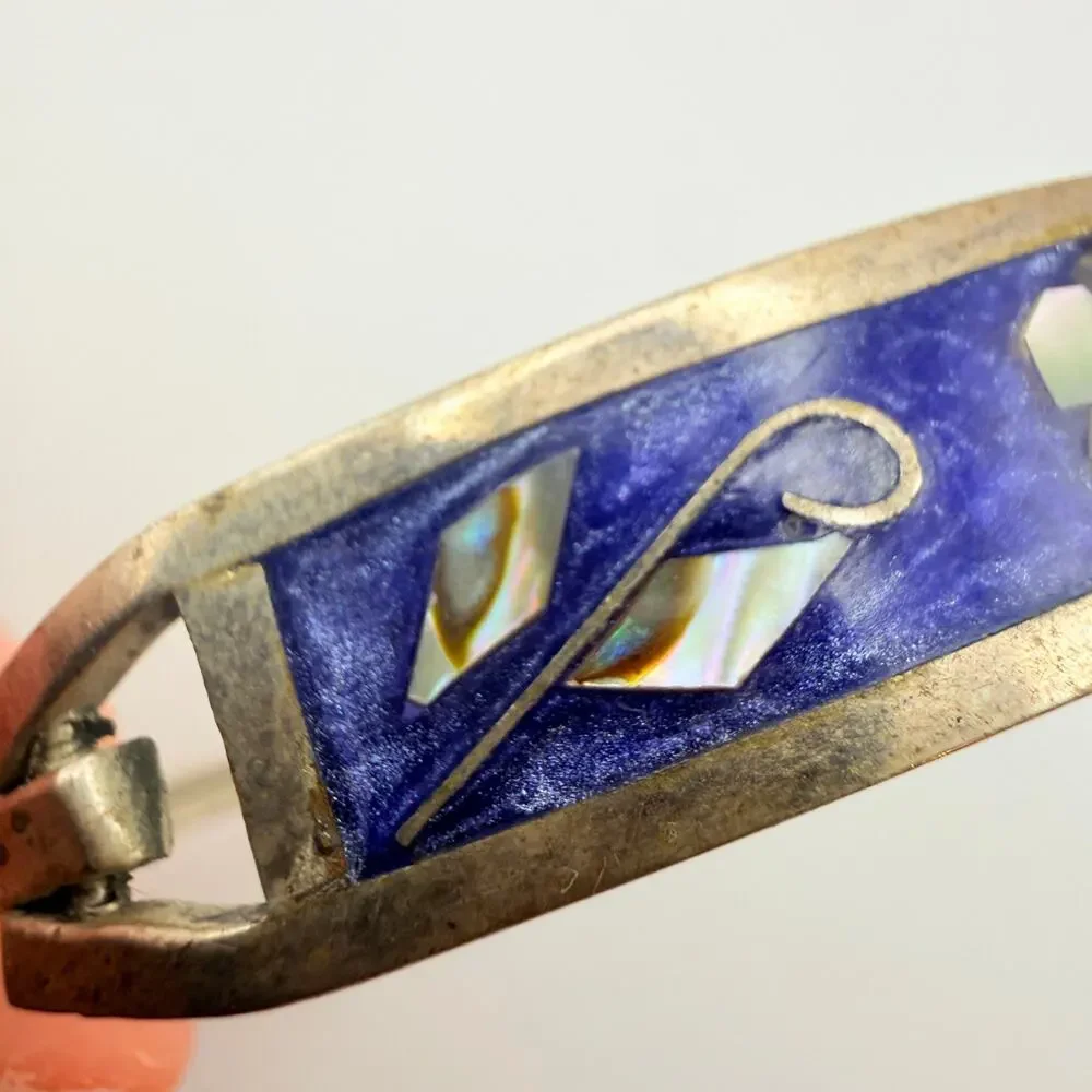 Vintage Taxco Mexico Mother of Pearl Floral Purple Enamel Alpaca Silver Bangle